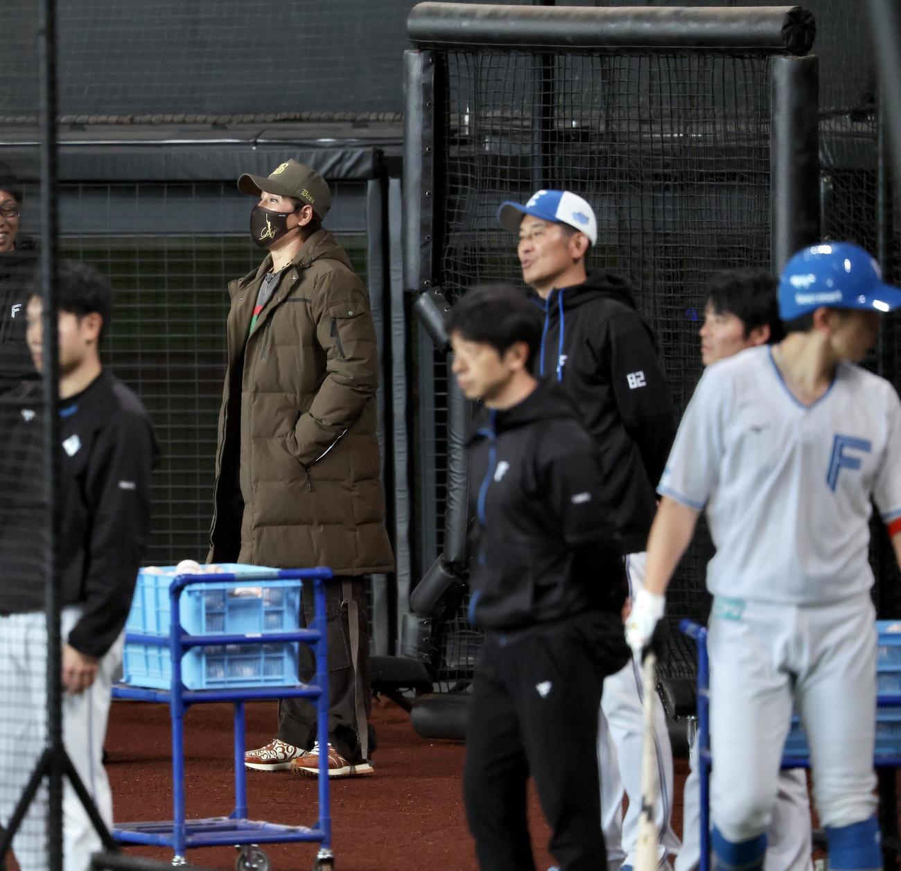 日本ハム対西武　試合前、古林睿煬のライブBPを見守る日本ハム新庄監督（撮影・河田真司）