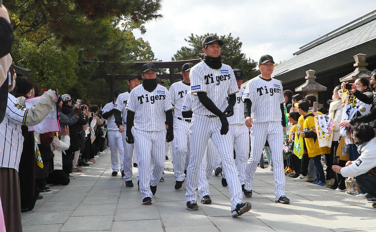 神社参拝に向かう、左から村上、才木、西勇ら阪神ナイン（撮影・宮崎幸一）