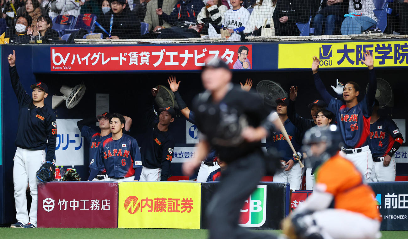 オランダ対日本　5回表日本2死、大山悠輔の本塁打に喜ぶ日本ナイン（撮影・藤尾明華）