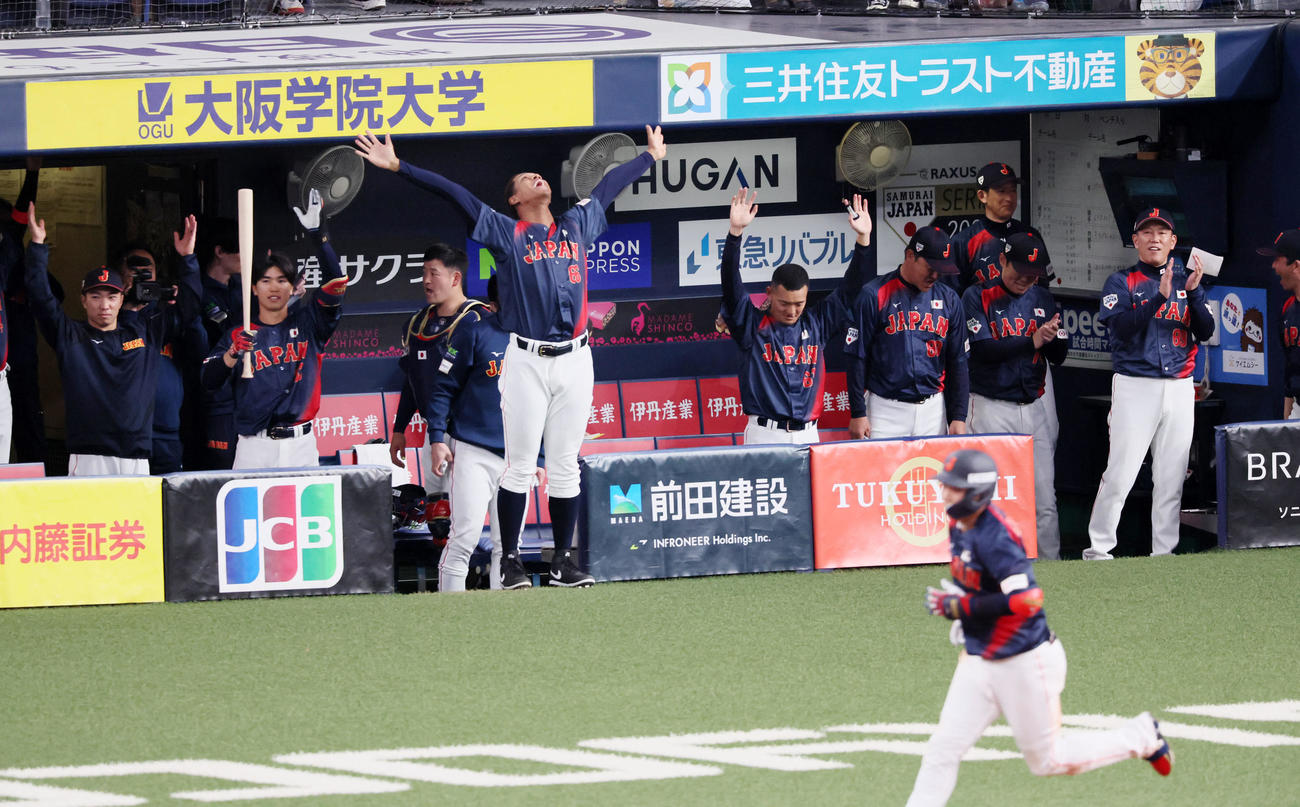 日本対オランダ　5回表日本2死、大山の左越えソロ本塁打をベンチで喜ぶナイン。右端は井端監督（撮影・加藤哉）