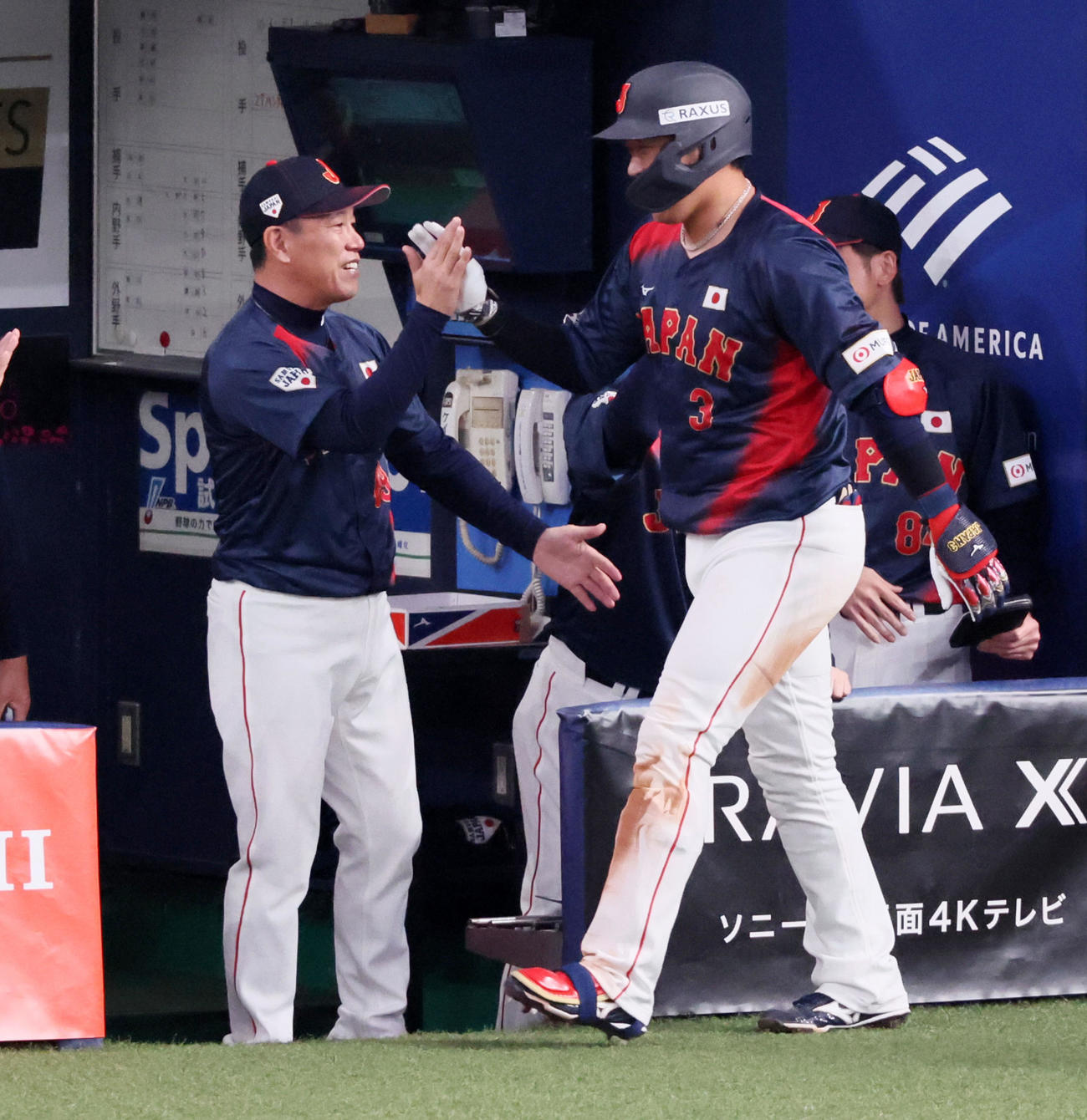 日本対オランダ　5回表日本2死、井端監督は左越えソロ本塁打を放った大山（右）をタッチで迎える（撮影・加藤哉）