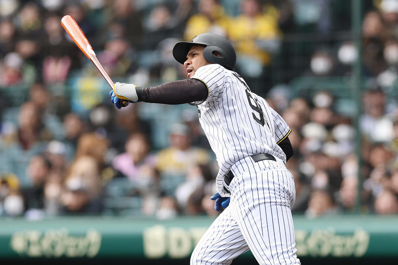 阪神対DeNA 5回裏阪神1死、左中間へ本塁打を放つヘルナンデス（撮影・前田充）