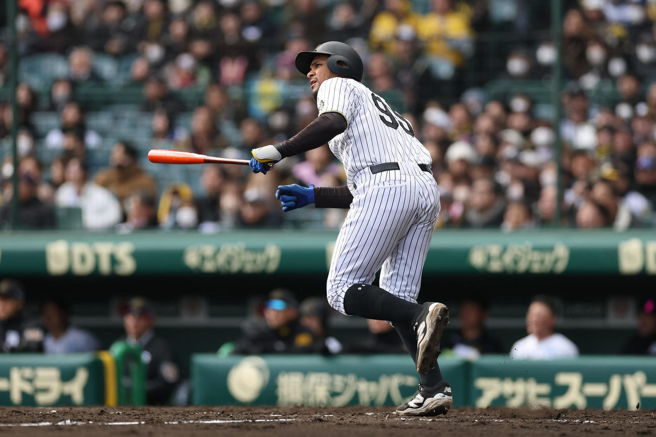 阪神対DeNA 5回裏阪神1死、左中間へ本塁打を放つヘルナンデス（撮影・前田充）
