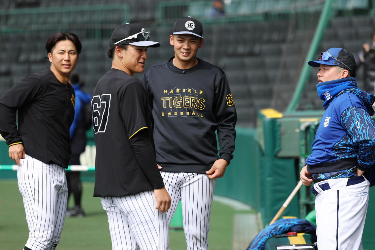 阪神対DeNA DeNA牧（右）にあいさつする、左から阪神井坪、高寺、井上（撮影・前田充）