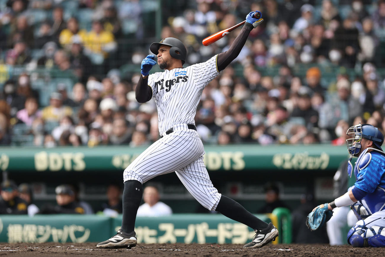 阪神対DeNA 5回裏阪神1死、左中間へ本塁打を放つヘルナンデス（撮影・前田充）