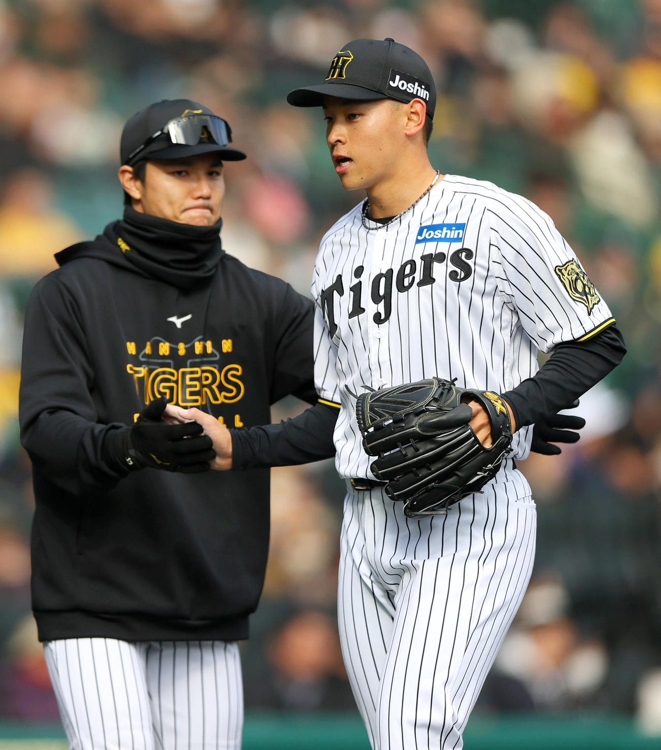 オープン戦・阪神対DeNA 7回表、阪神3番手で登板の早川（右）は無失点で終えベンチへ引き揚げる。左は栄枝（撮影・上山淳一）