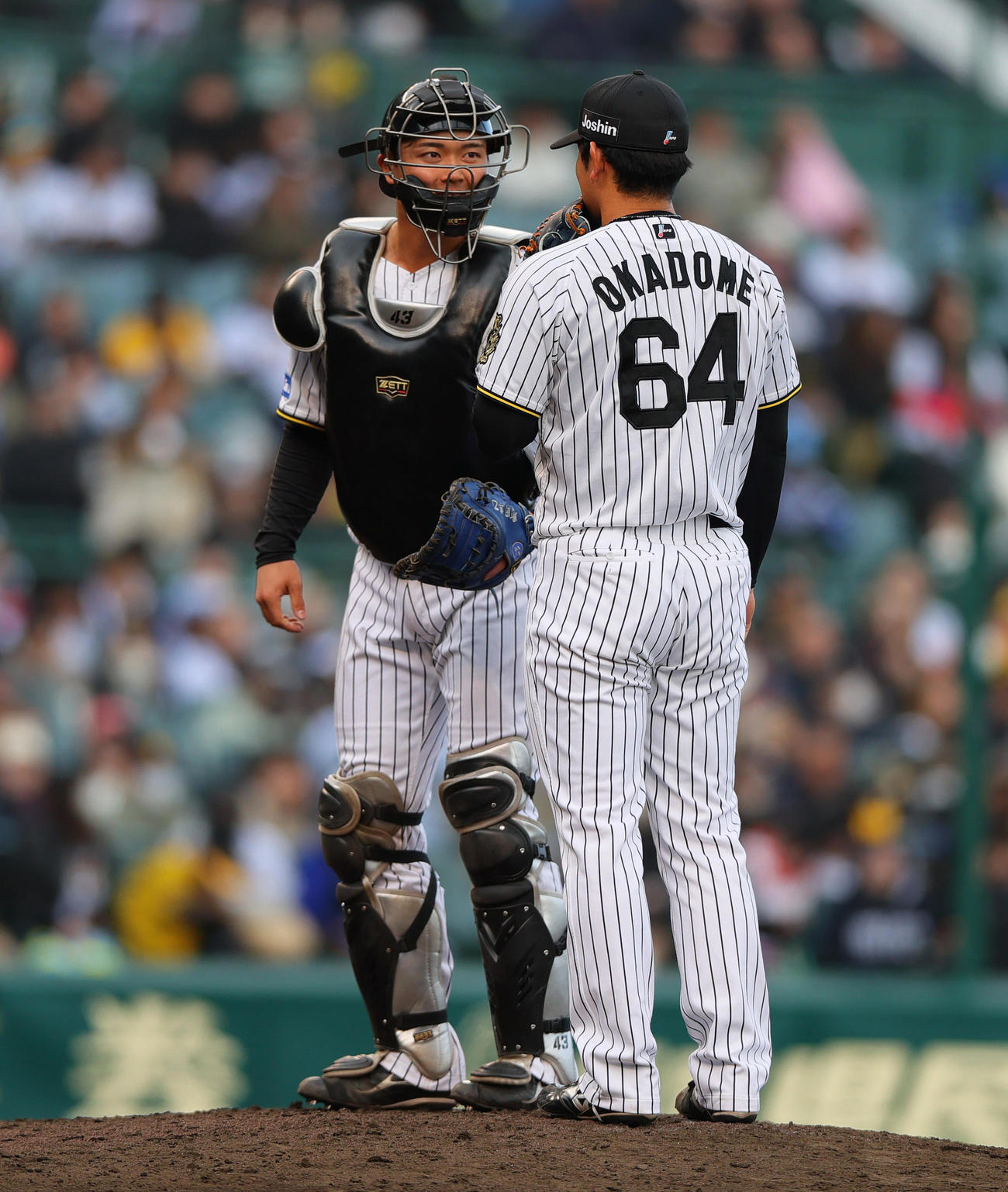 オープン戦・阪神対DeNA 9回表のマウンドに上がった阪神岡留（右）と話す捕手町田（撮影・上山淳一）