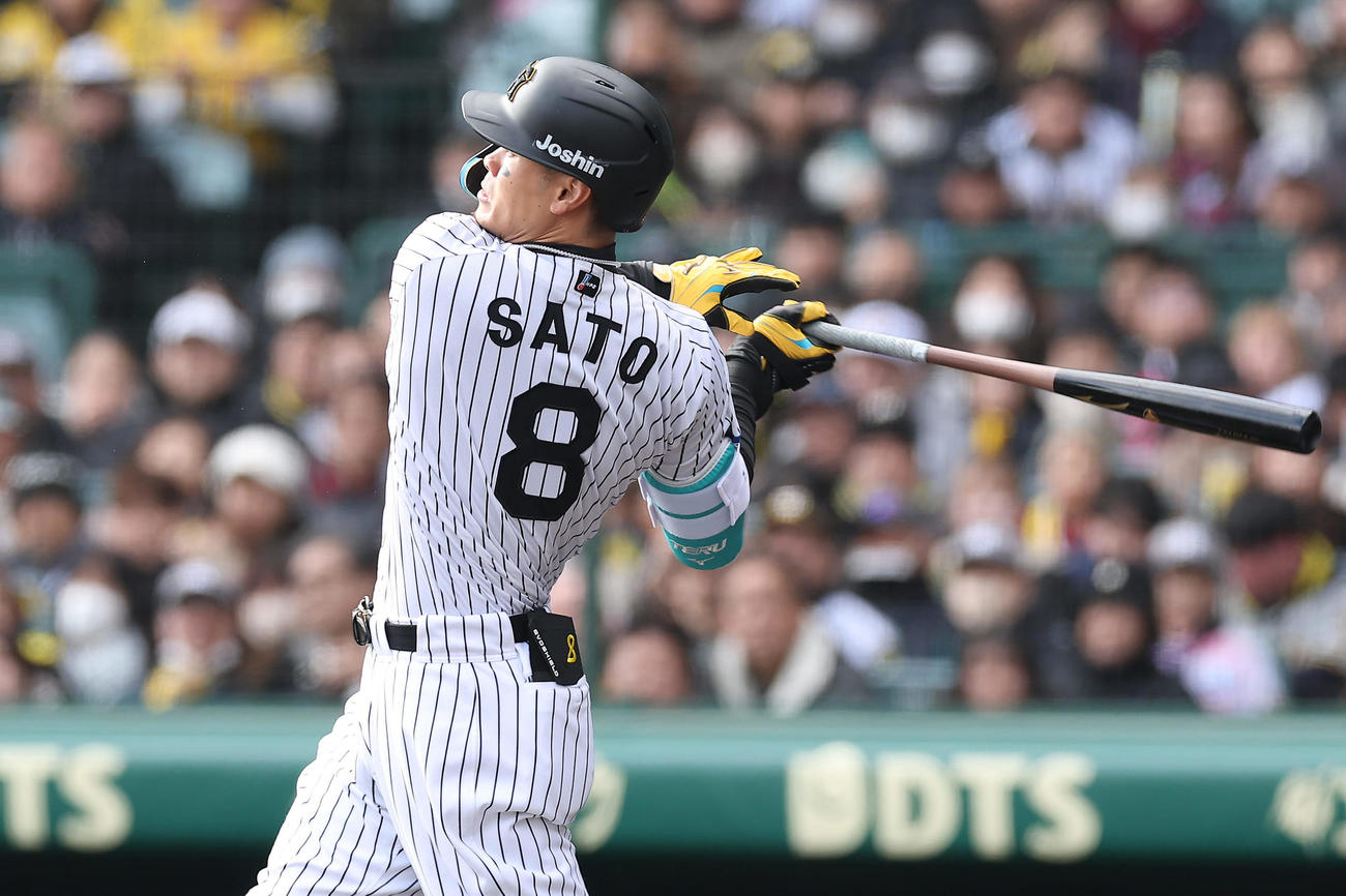 阪神対DeNA 7回裏阪神1死、中前打を放つ佐藤輝（撮影・前田充）