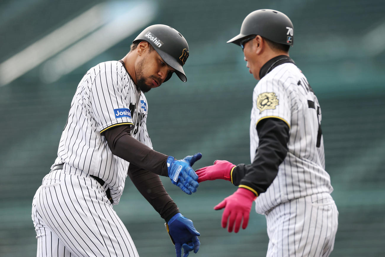 阪神対DeNA 5回裏阪神1死、左中間へ本塁打を放ち、田中コーチ（右）とタッチを交わすヘルナンデス（撮影・前田充）