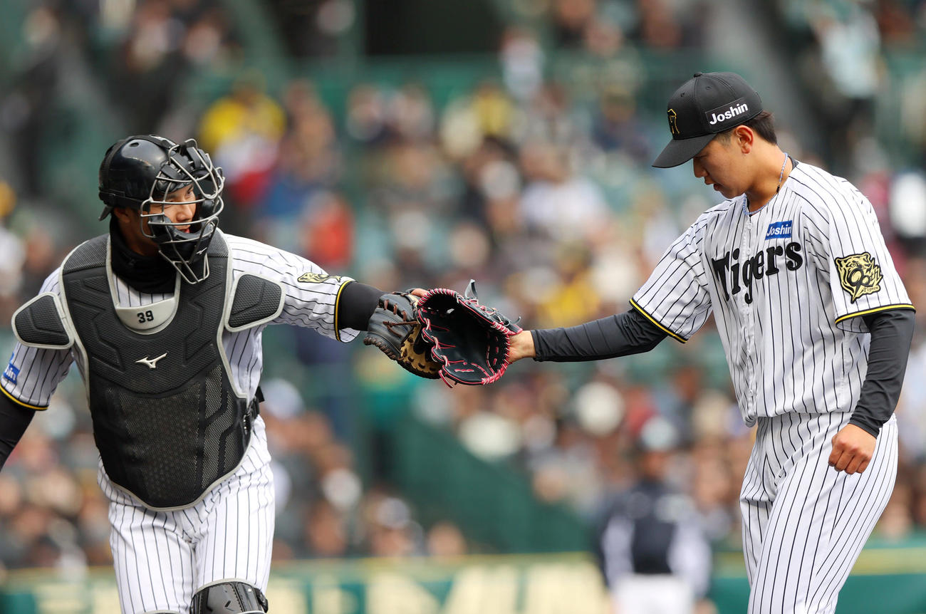 オープン戦・阪神対DeNA 2回表終了後、ベンチに引き揚げる阪神先発の門別（右）と捕手栄枝（撮影・上山淳一）