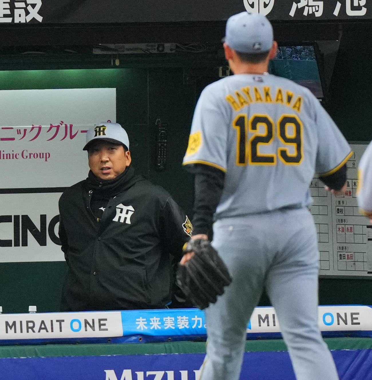 西武対阪神　7回裏の登板を終えた阪神早川（手前）を見つめる藤川監督（撮影・垰建太）