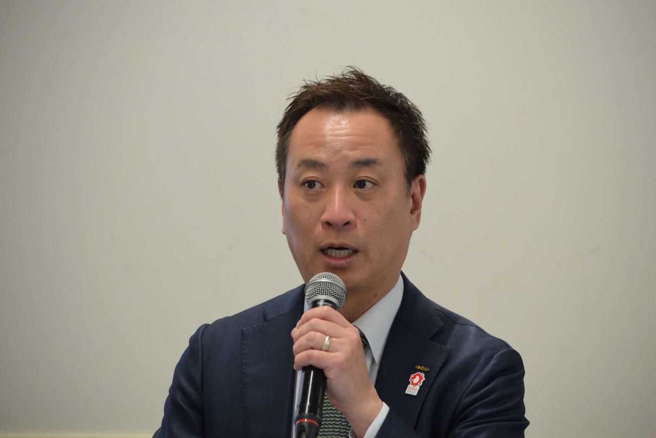 ABCラジオの改編会見に出席した植田貴之取締役（撮影・阪口孝志）