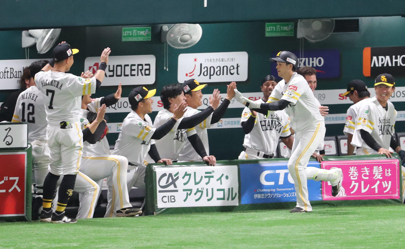 ソフトバンク対巨人　3回裏ソフトバンク1死、川瀬は右越えに先制本塁打を放ちベンチのナインとハイタッチ（撮影・梅根麻紀）