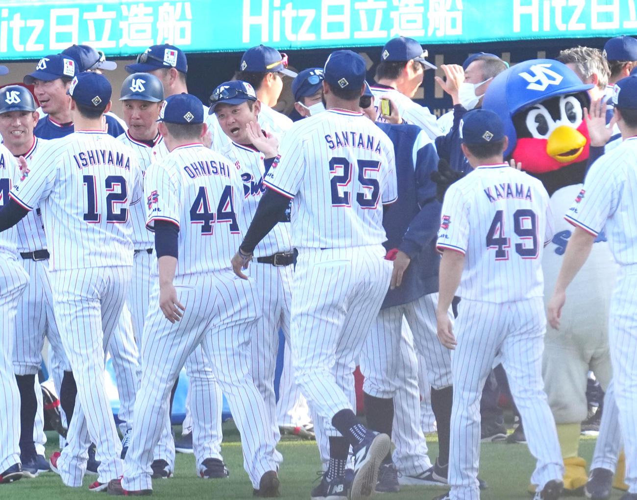 勝利したヤクルトナインを迎えるつば九郎（2024年撮影）