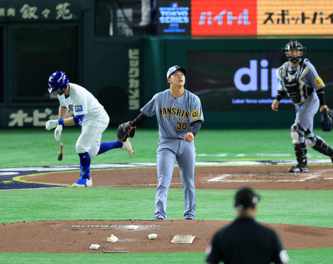 阪神対カブス　3回表カブス2死、バーディーを三塁飛に仕留め、打球を見つめる門別（撮影・浅見桂子）