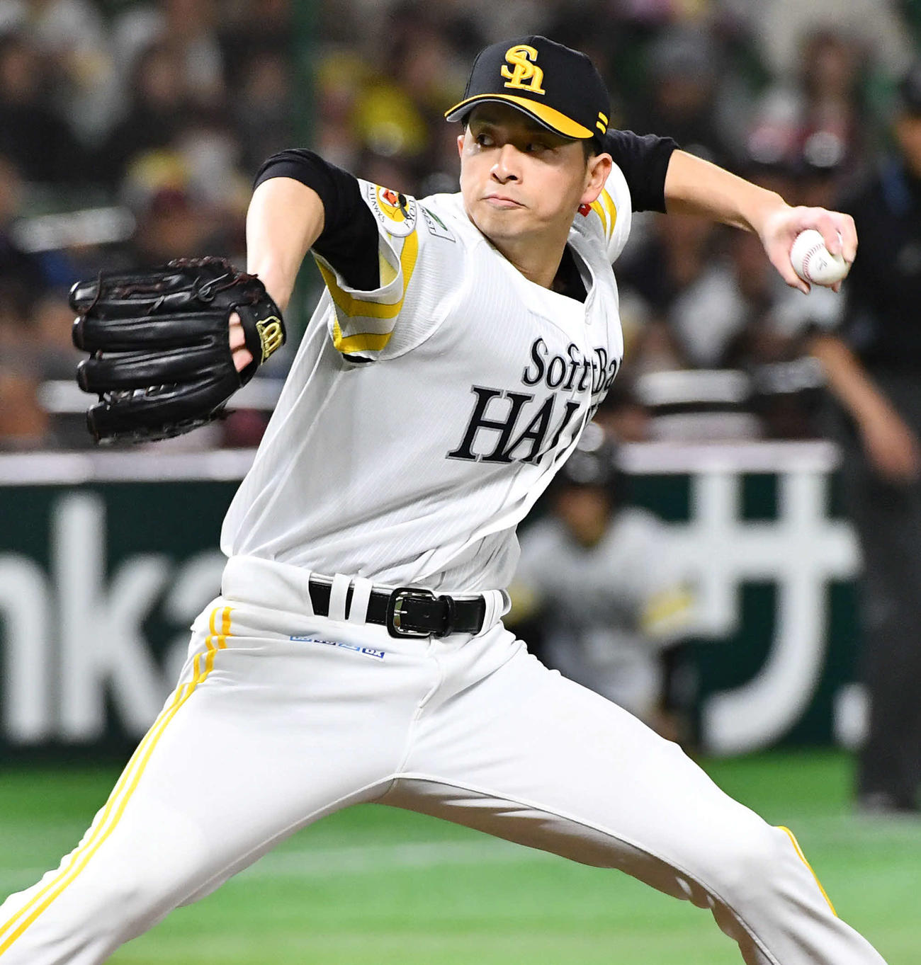 ソフトバンク対日本ハム　1回表日本ハム1死から登板した、ソフトバンク2番手の大関（撮影・岩下翔太）