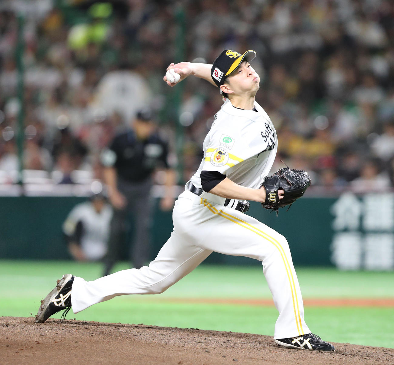 ソフトバンク対日本ハム　2番手として登板した大関（撮影・梅根麻紀）