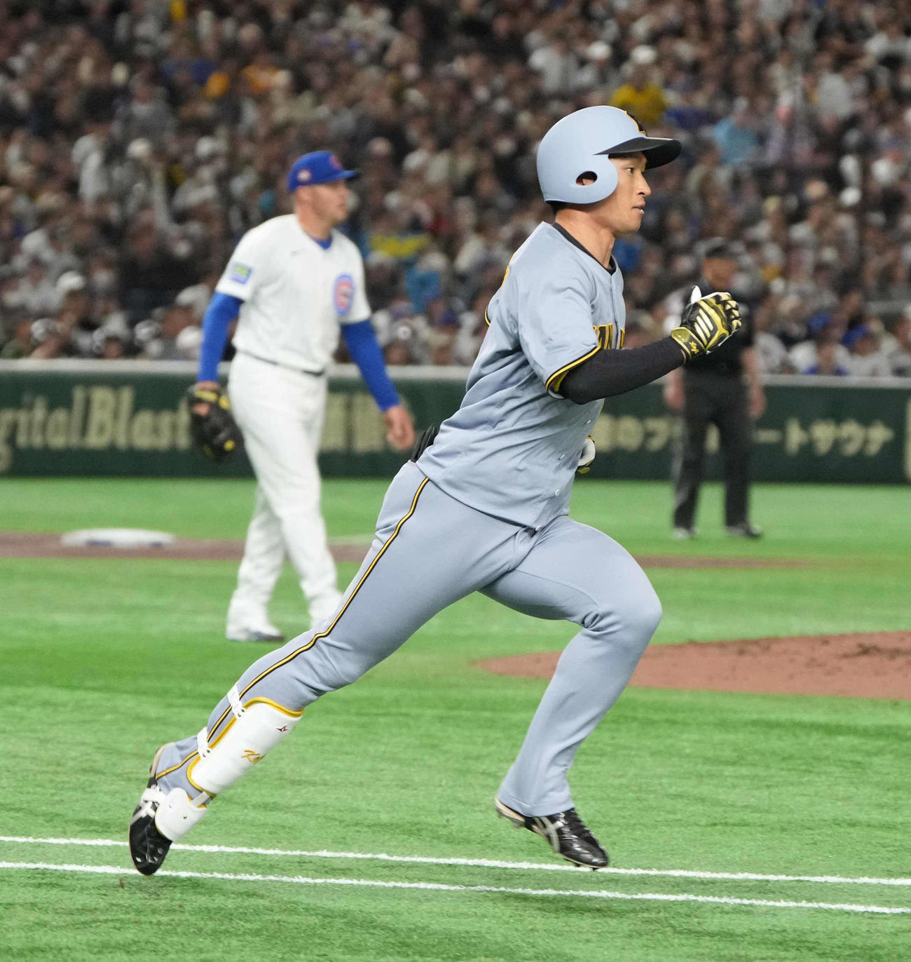 阪神対カブス　3回裏阪神2死三塁、近本は先制の右適時二塁打を放つ（撮影・小沢裕）