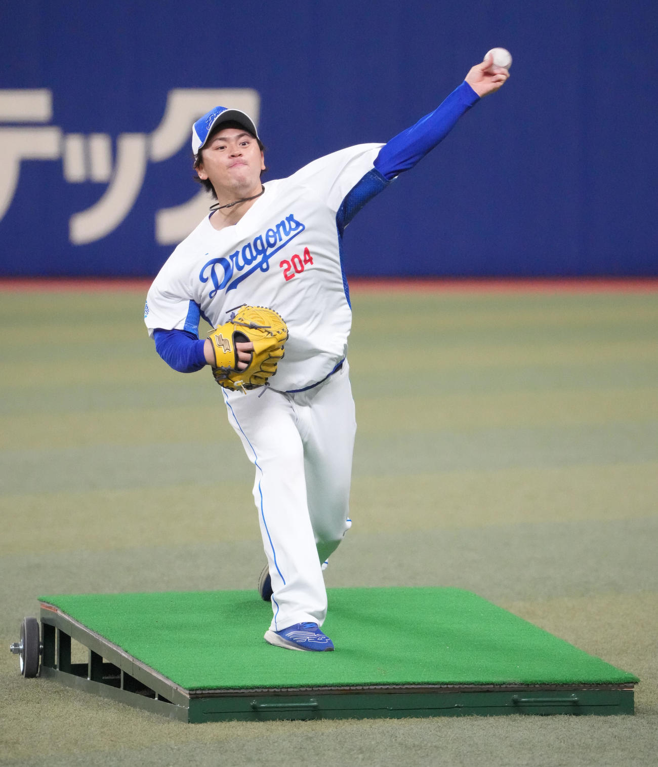 傾斜の板を利用し投球練習をする三浦（撮影・森本幸一）