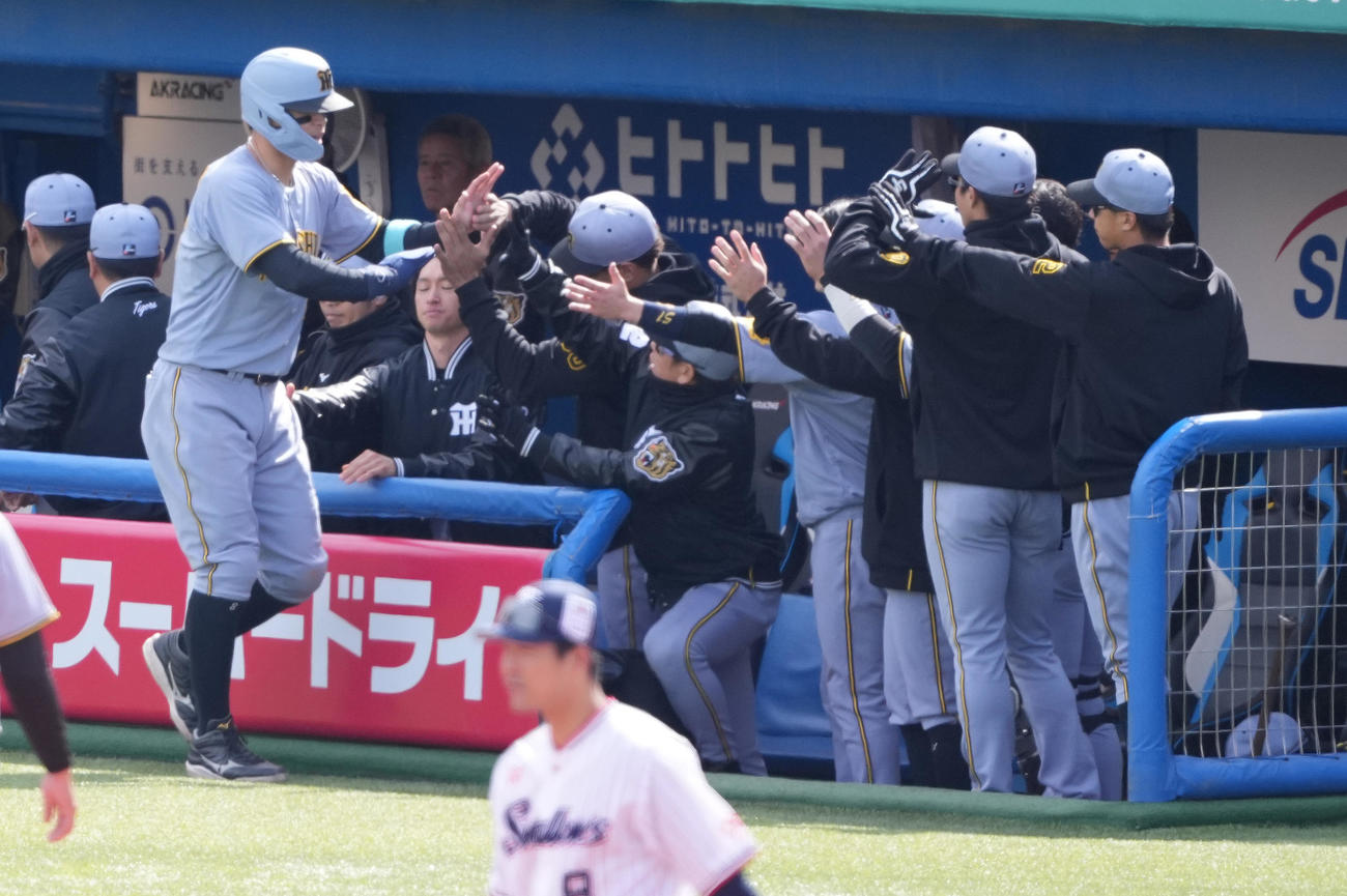 ヤクルト対阪神　3回表阪神2死一塁、森下の中適時二塁打で生還した佐藤輝（左手前）はナインと笑顔でハイタッチ（撮影・鈴木みどり）