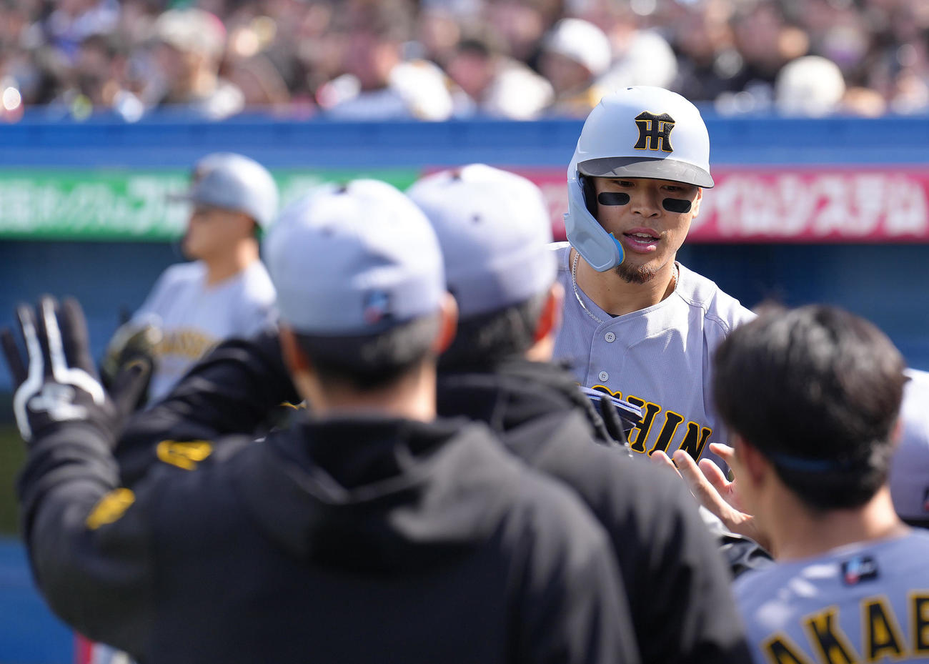 ヤクルト対阪神　3回表阪神2死一塁、森下の中適時二塁打で生還しタッチを交わす佐藤輝（撮影・足立雅史）