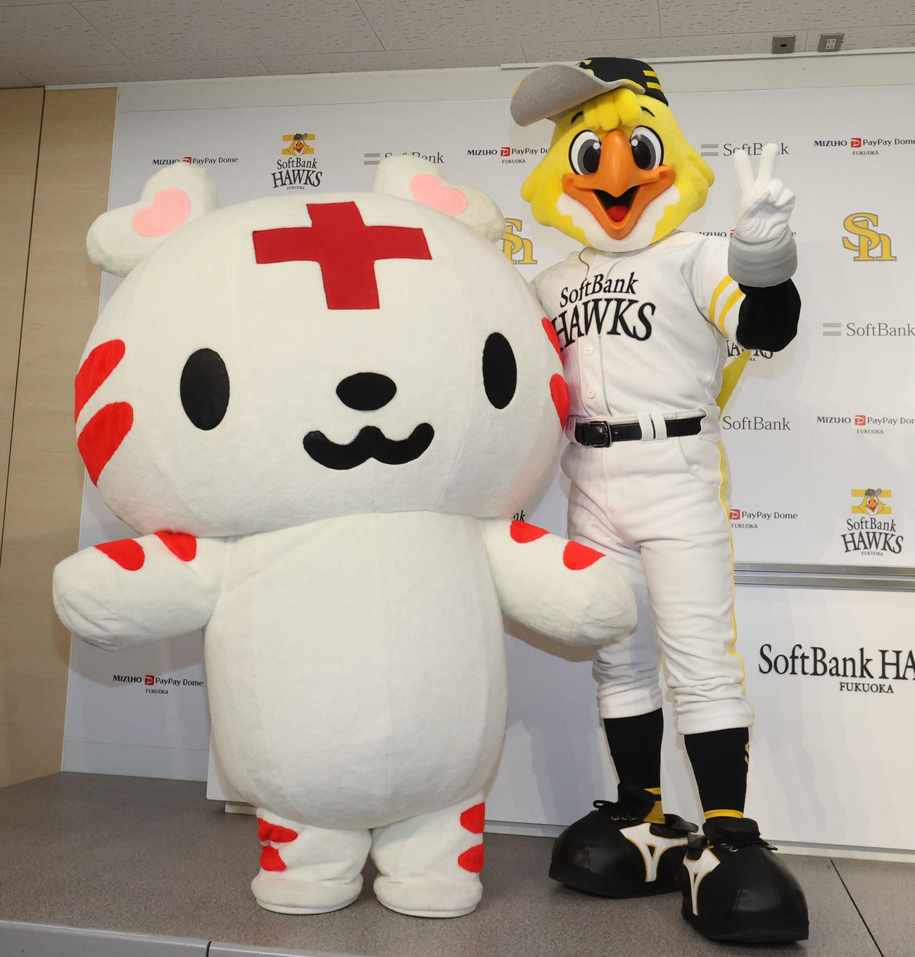 ソフトバンク対中日　ハリーホークと日本赤十字社マスコットのハートラちゃん（撮影・梅根麻紀）