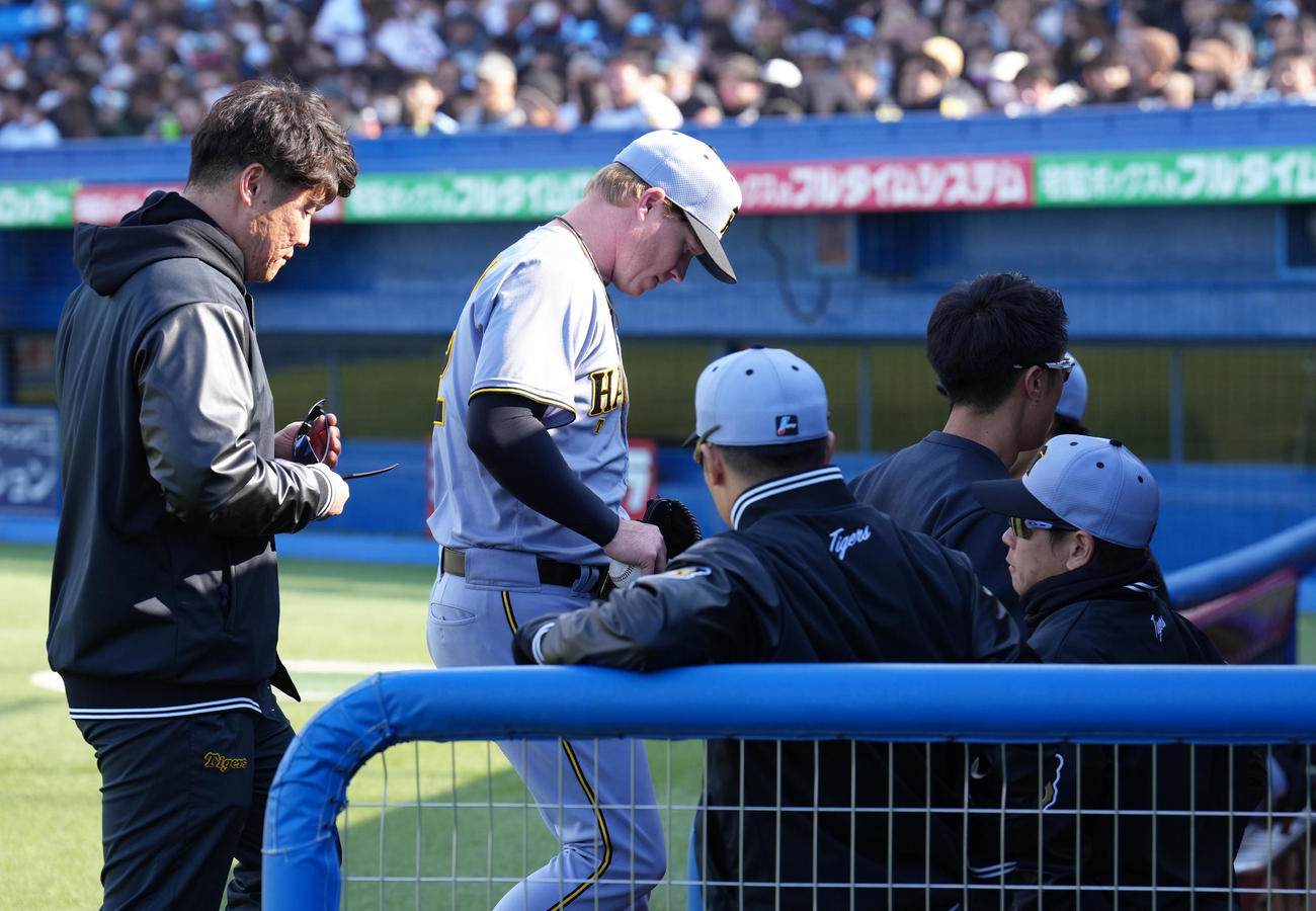 ヤクルト対阪神　6回途中、マウンドを降りる阪神ネルソン（撮影・足立雅史）