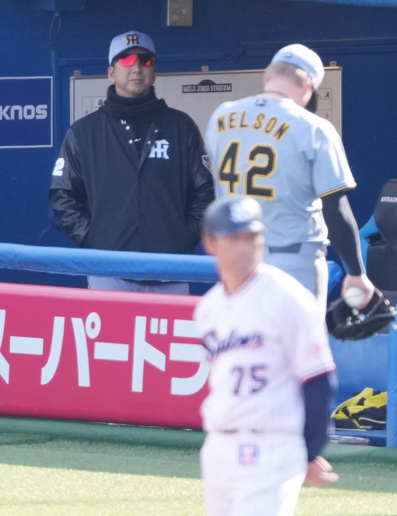6回裏途中でベンチへ下がるネルソンを心配そうに見る阪神藤川監督（左）（2025年3月撮影）