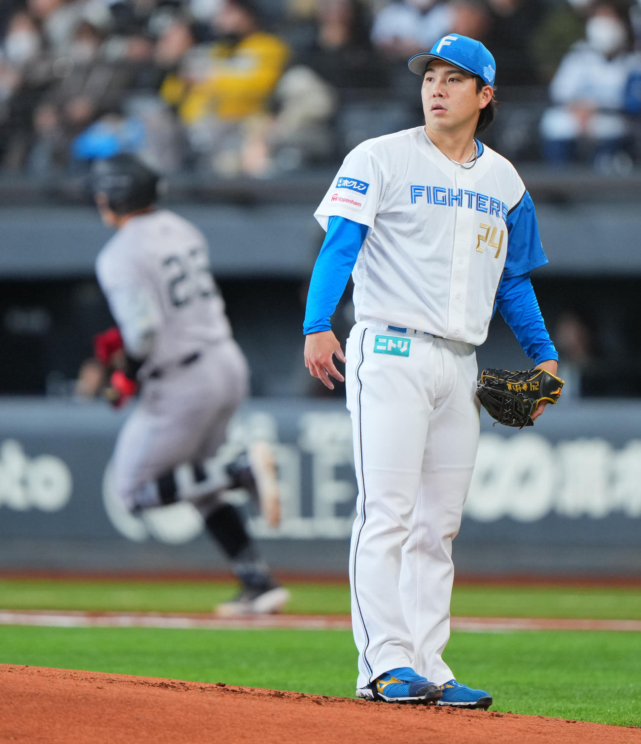 日本ハム対巨人　2回表巨人無死、岡本（左）にソロ本塁打を浴びる金村（撮影・垰建太）
