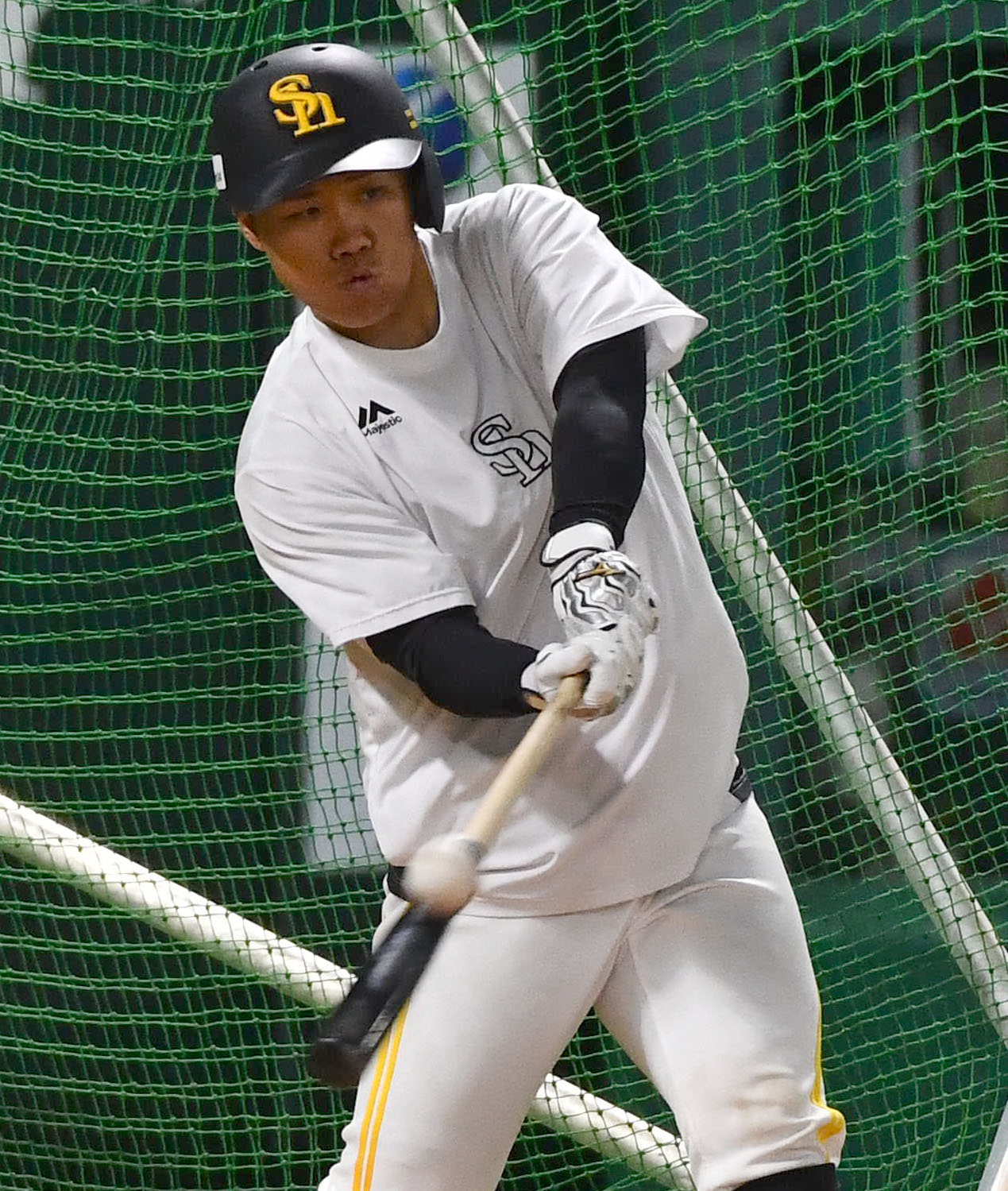 フリー打撃を行うソフトバンク海野（撮影・岩下翔太）