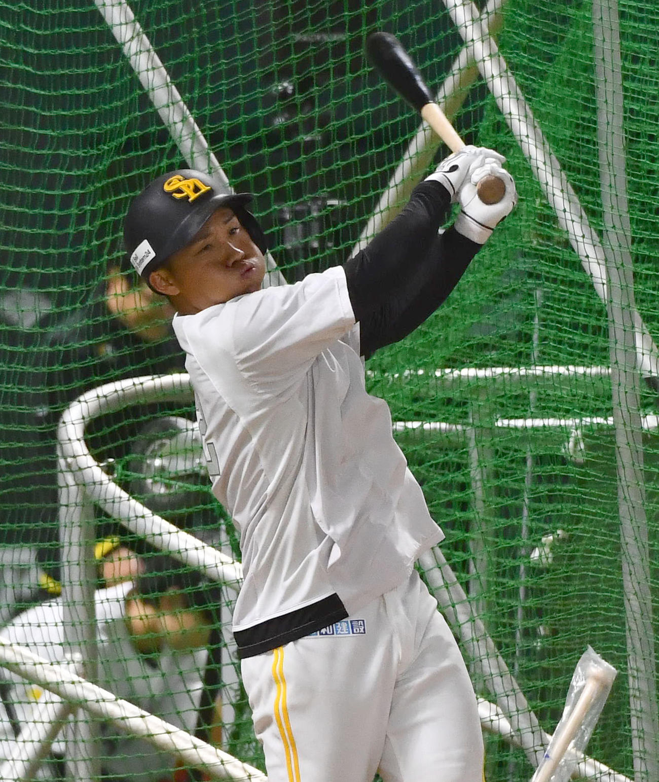 フリー打撃を行うソフトバンク海野（撮影・岩下翔太）