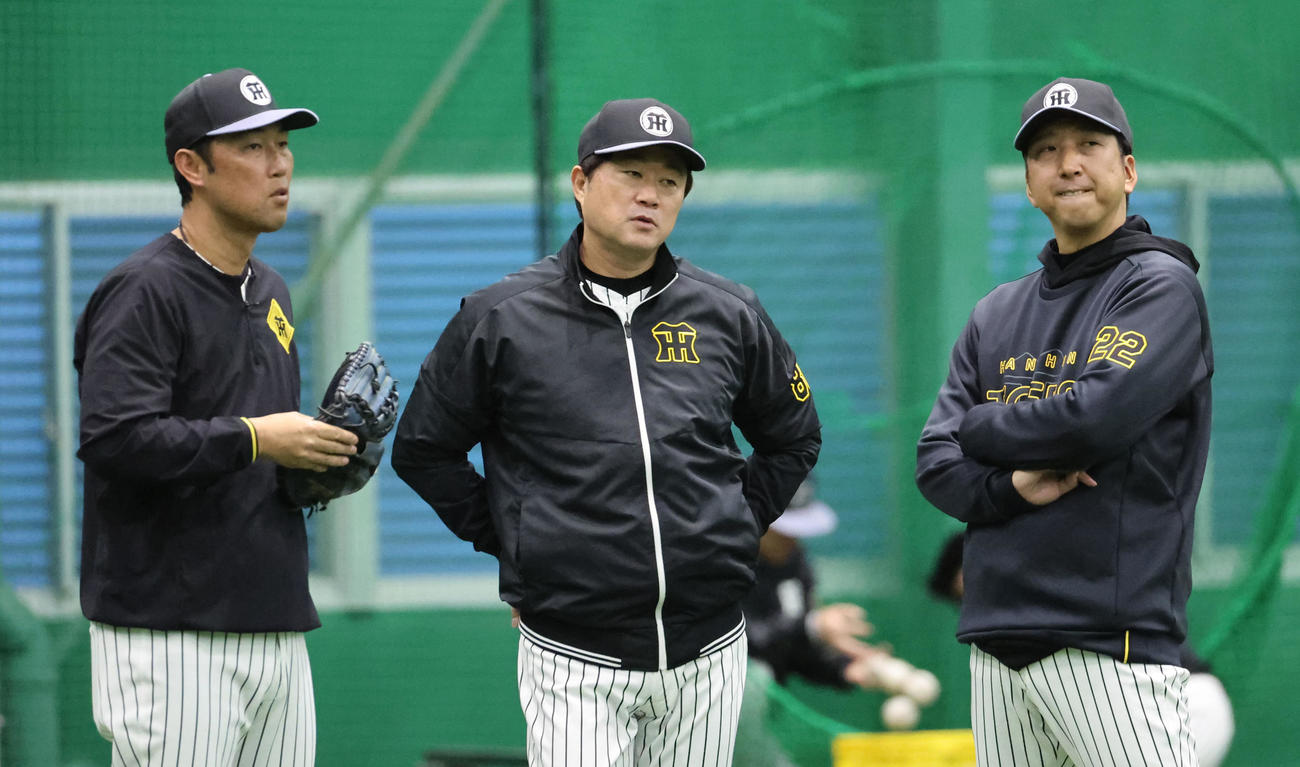 練習中話す（右から）阪神藤川監督、安藤コーチ、金村コーチ（撮影・西尾就之）