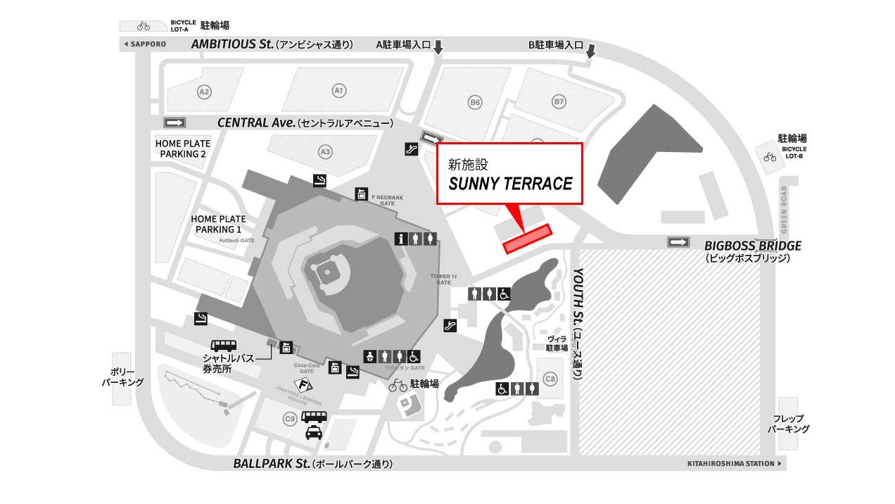 Fビレッジに6月中旬ごろに誕生する新たな飲食商業施設「SUNNY TERRACE（サ
ニーテラス）」の位置