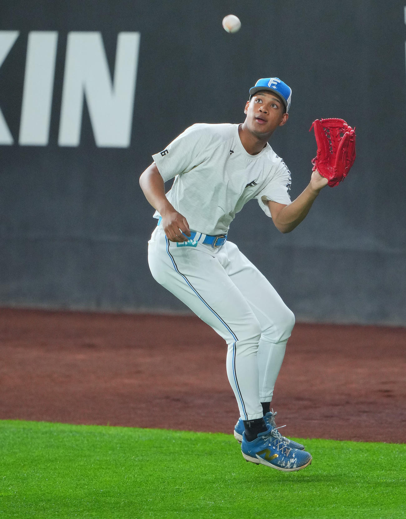 日本ハム対ヤクルト　試合前、外野で守備練習を行う日本ハム万波（撮影・垰建太）