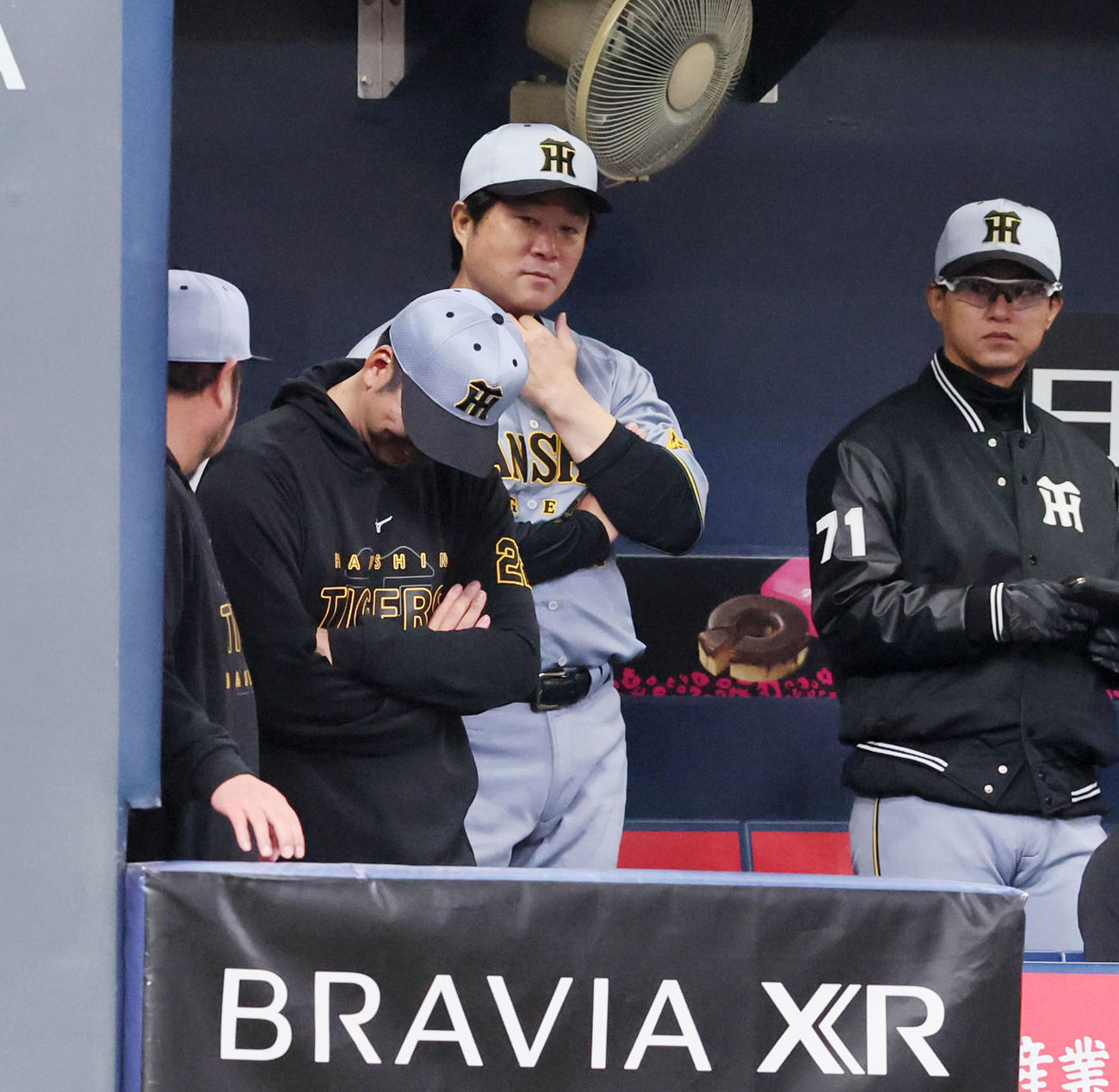 オリックス対阪神　2回表阪神2死一、二塁、カウントを間違えた門別にベンチで下を向いて苦笑いの藤川監督（撮影・加藤哉）