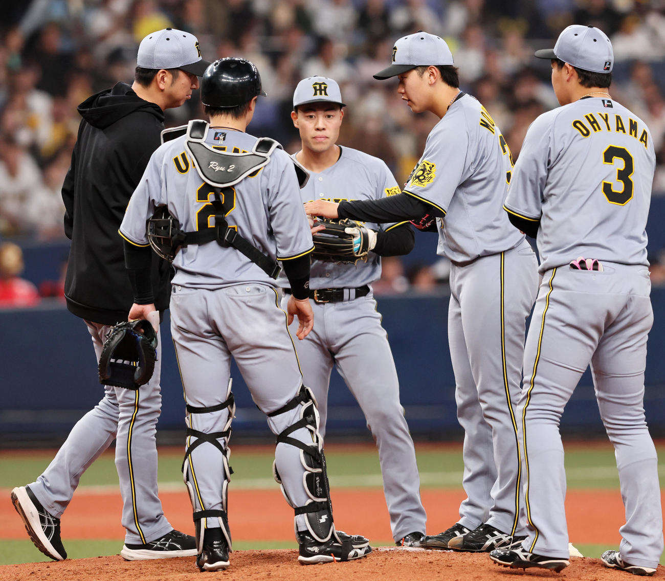 オリックス対阪神　6回裏オリックス2死、打者頓宮を迎えたところで藤川監督（左）にボールを渡して降板する先発の門別（撮影・加藤哉）