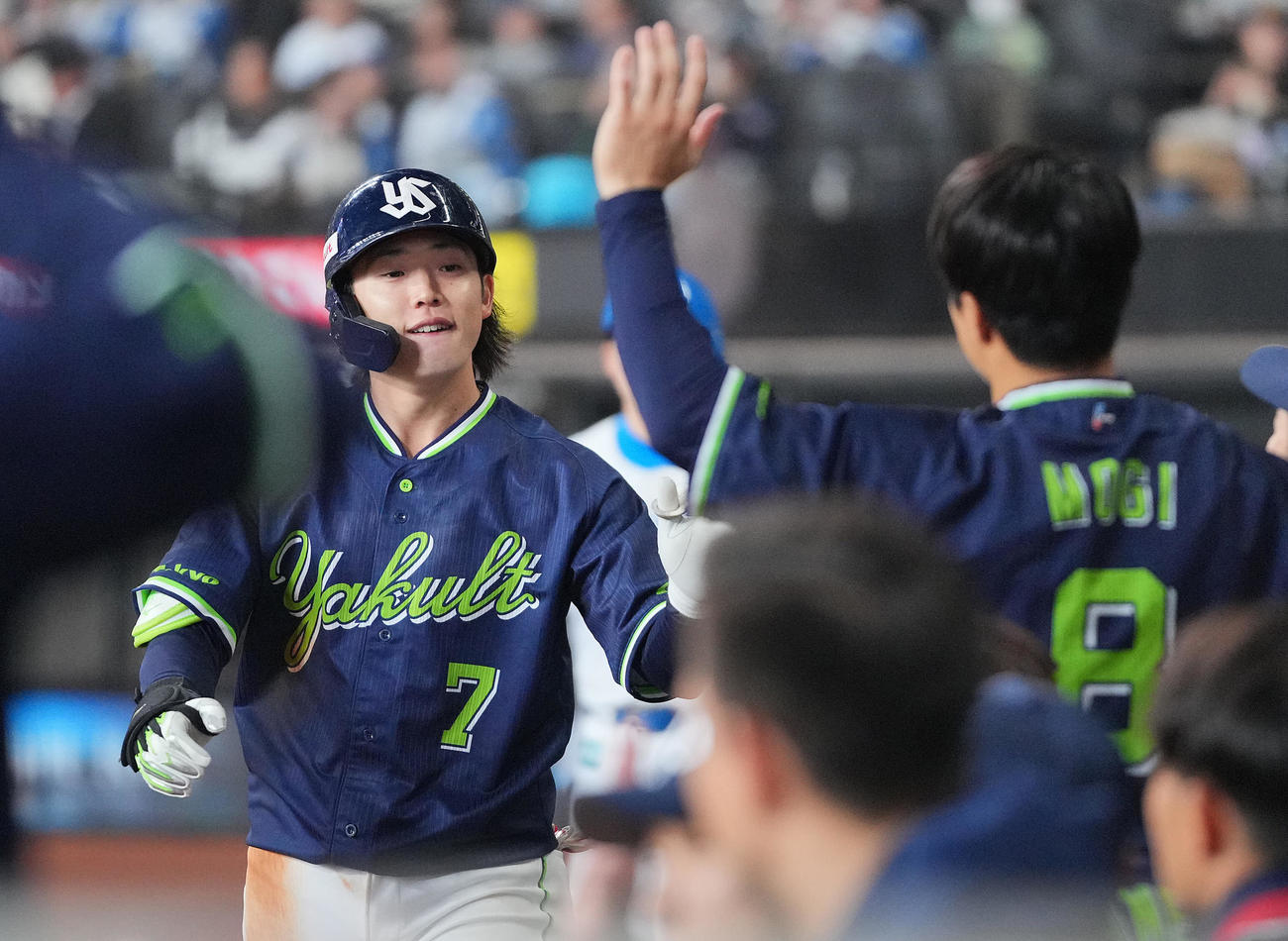 日本ハム対ヤクルト　6回表ヤクルト1死、右越えソロ本塁打を放ちナインの出迎えを受ける長岡（撮影・垰建太）