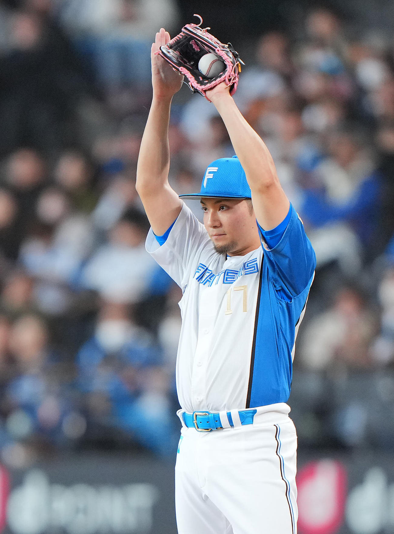 日本ハム対ヤクルト　3回表ヤクルト無死、宮本の打球を野村が好捕し手を挙げて感謝する伊藤（撮影・垰建太）