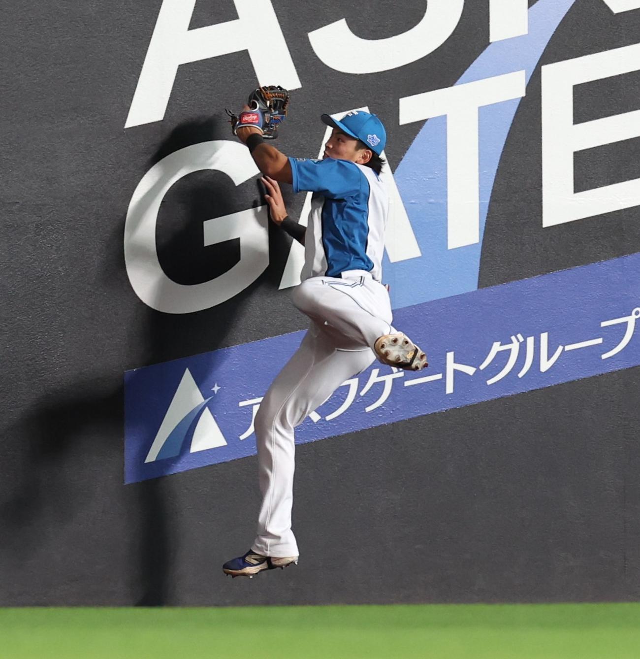 日本ハム対ヤクルト　3回表ヤクルト無死、宮本の邪飛をフェンスに激突しながら捕球する野村（撮影・黒川智章）