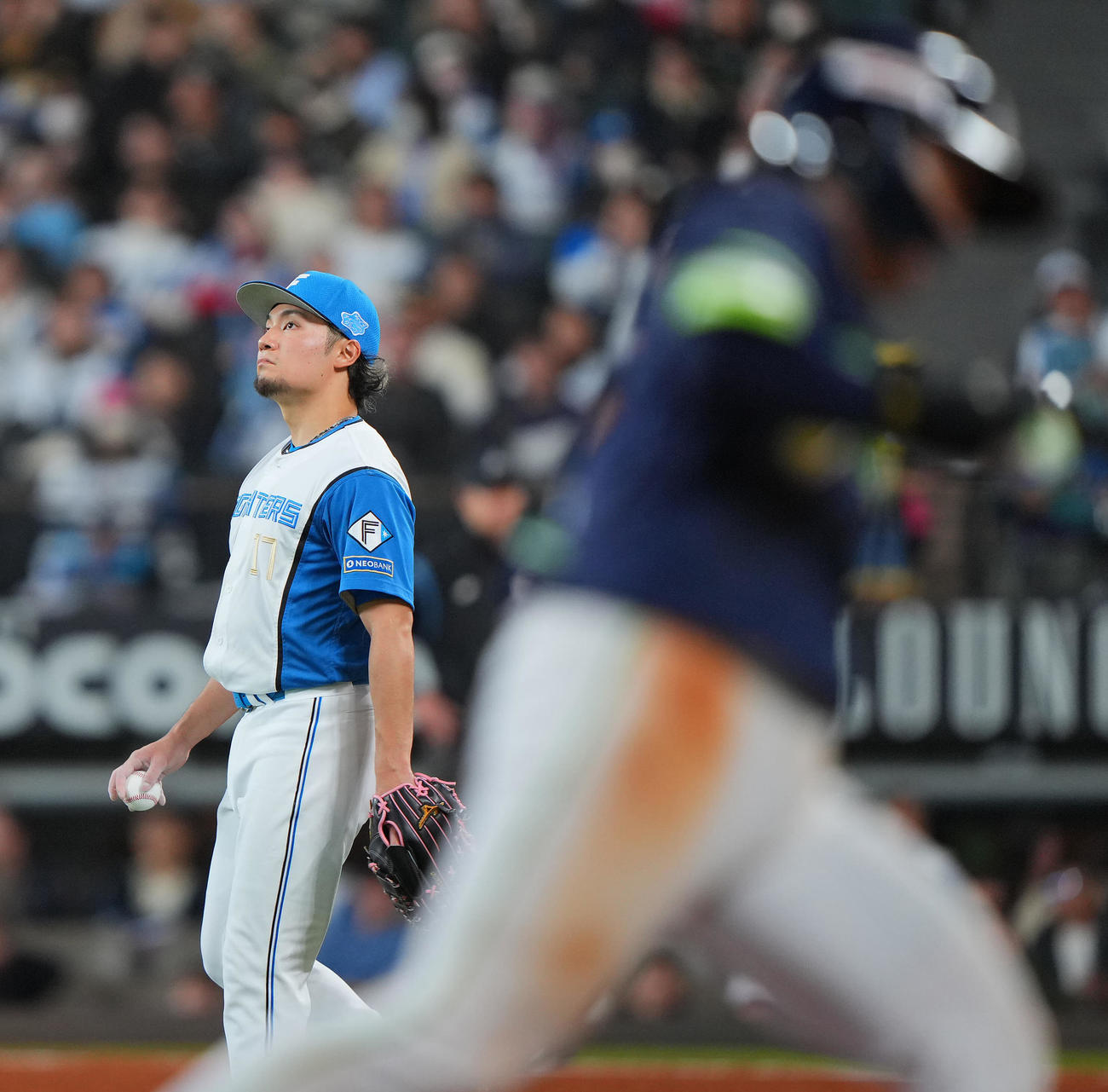 日本ハム対ヤクルト　6回表ヤクルト1死、長岡秀樹（手前）にソロ本塁打を浴びる伊藤（撮影・垰建太）