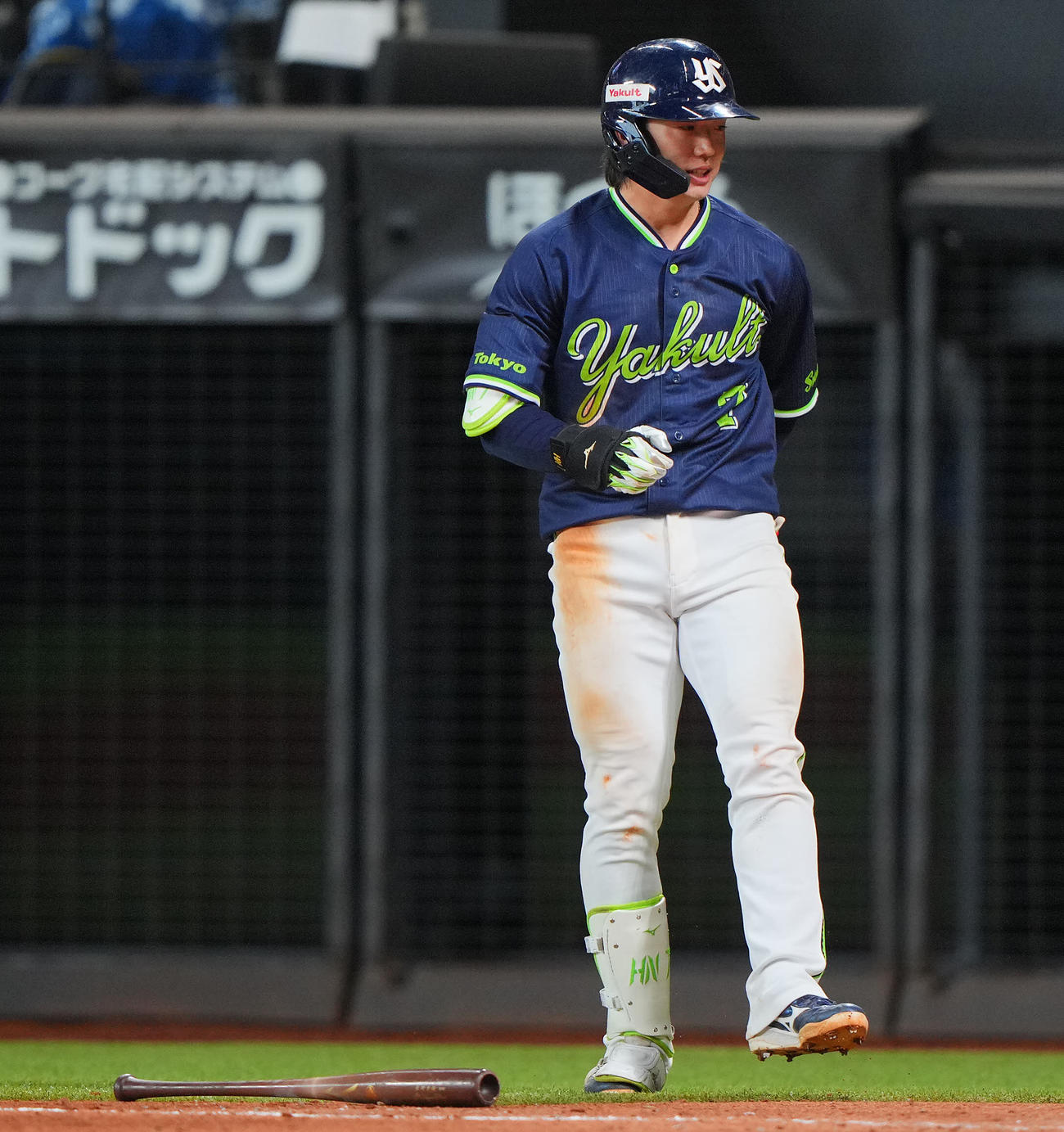 日本ハム対ヤクルト　8回表ヤクルト1死三塁、死球を受け痛がる長岡（撮影・垰建太）