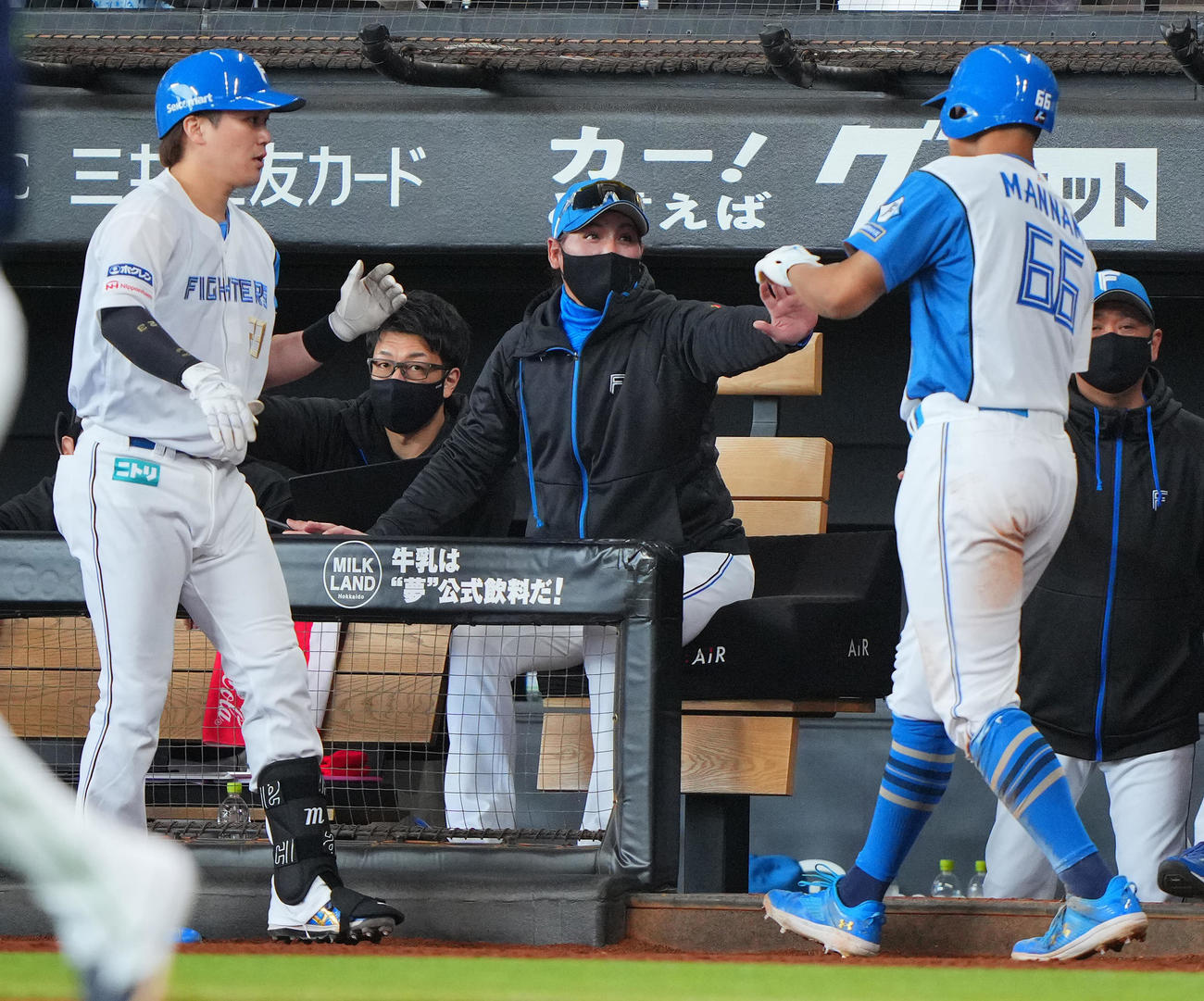日本ハム対ヤクルト　2回裏日本ハム1死満塁、先制犠飛を放った伏見（左）と生還した万波（右）を出迎える新庄監督（撮影・垰建太）