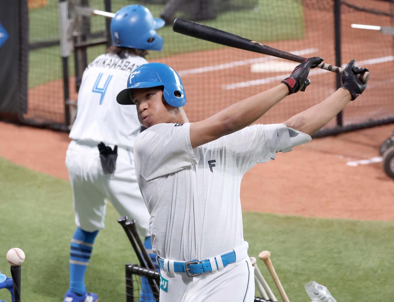 ティー打撃する日本ハム万波（撮影・黒川智章）