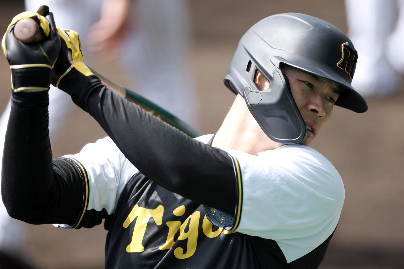 打撃練習を行う阪神佐藤輝（撮影・前田充）