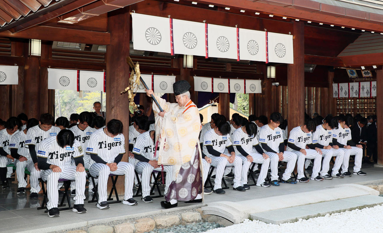 広田神社を参拝し西井宮司から金幣を授けられる阪神ナイン（撮影・加藤哉）
