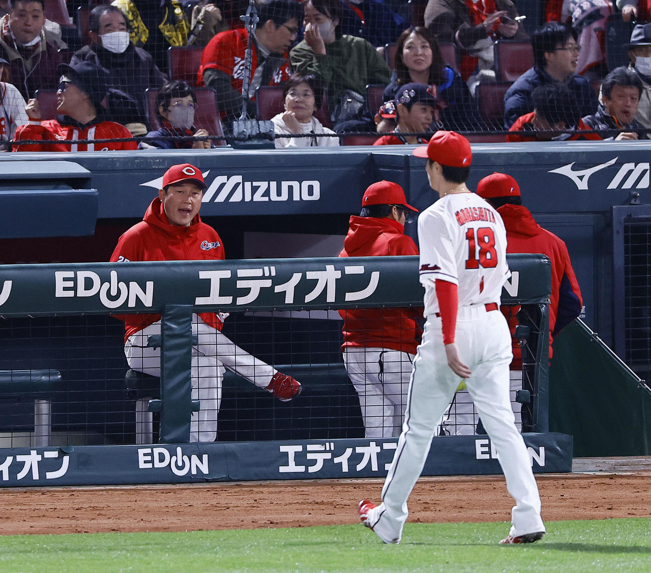広島対阪神　3回表を終え、ベンチから森下に声をかける広島新井監督（撮影・藤尾明華）