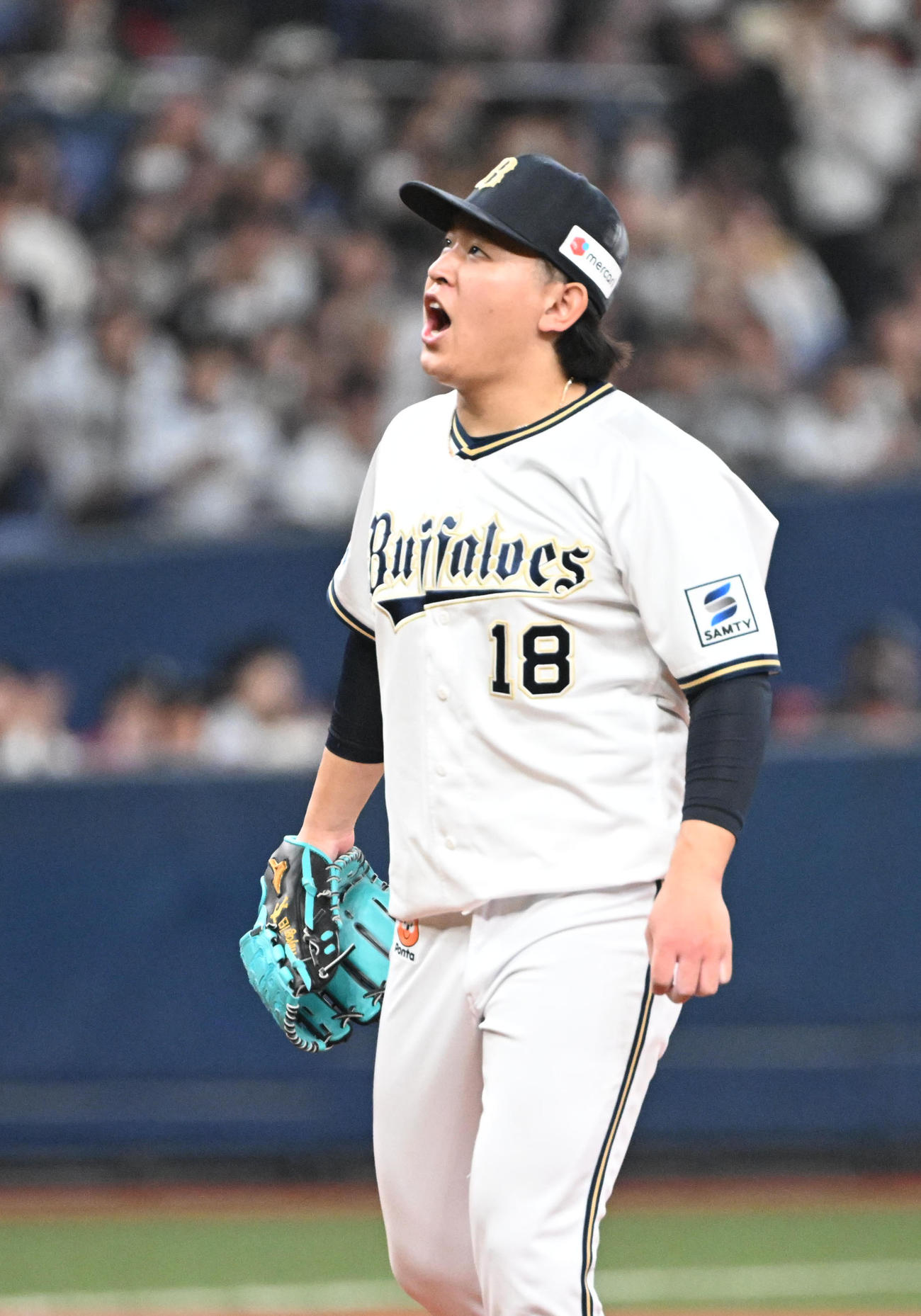 オリックス対楽天　6回表楽天2死、田中を見逃し三振に打ち取り雄たけびをあげる宮城（撮影・和賀正仁）