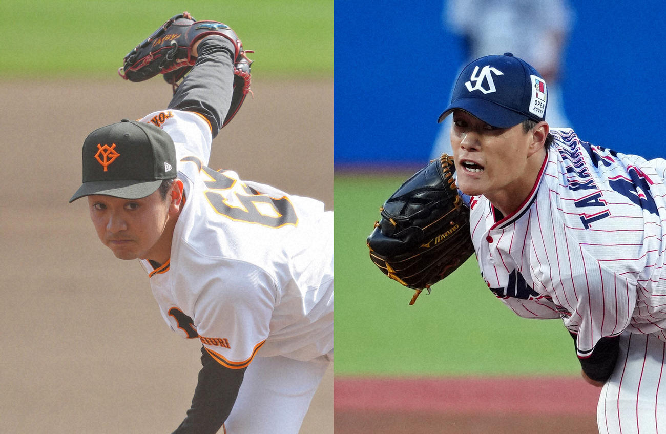 巨人石川達也（左）とヤクルト高橋奎二