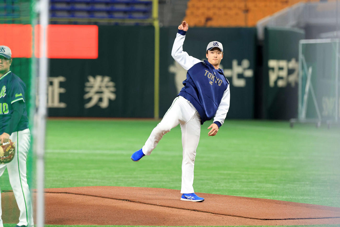 巨人対ヤクルト　マウンド確認するヤクルト吉村（撮影・浅見桂子）