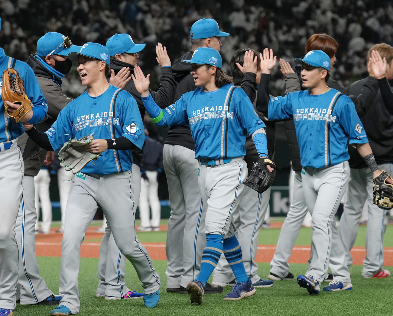 西武対日本ハム　西武に連勝し、タッチを交わす日本ハム上川畑（中央）ら（撮影・足立雅史）